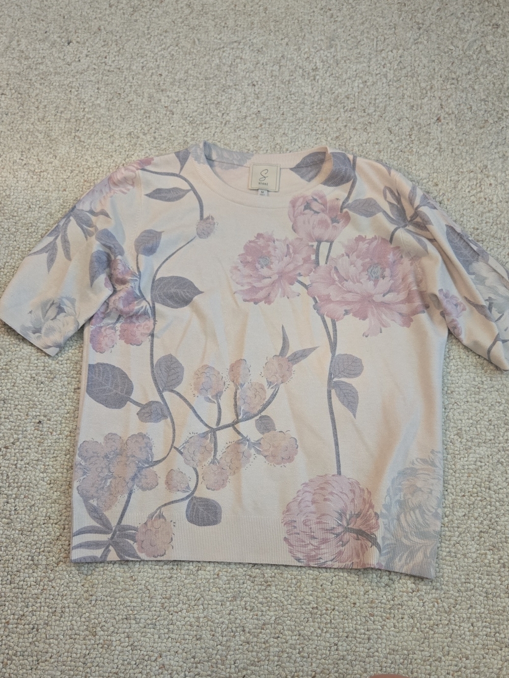 Sioni Floral Short-Sleeve Knit Top - Blush Pink and Mauve